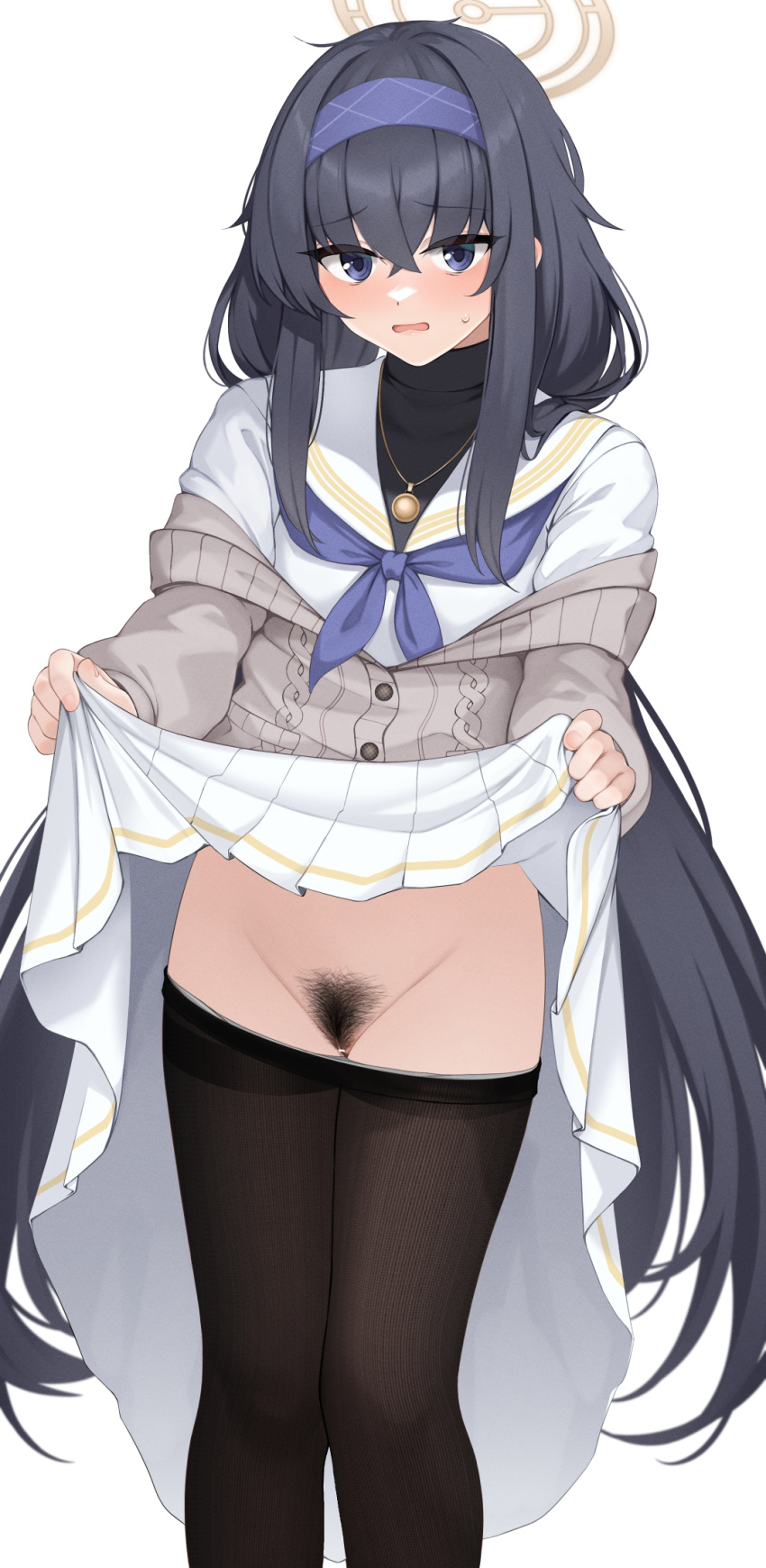 1girl bags_under_eyes black_hair black_pantyhose black_shirt blue_archive blue_eyes blue_hairband blue_neckerchief blush cardigan censored clothes_lift clothes_pull crossed_bangs feet_out_of_frame female_pubic_hair hair_between_eyes hairband halo highres jewelry lifted_by_self long_hair long_sleeves looking_at_viewer momoiro_lettuce neckerchief necklace open_mouth pantyhose pantyhose_pull pubic_hair revision shirt simple_background skirt skirt_lift solo standing sweatdrop turtleneck ui_(blue_archive) very_long_hair white_background white_shirt white_skirt