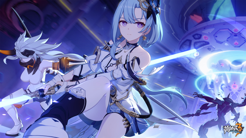 2girls bare_shoulders blue_lightsaber chinese_commentary closed_mouth detached_sleeves double_bladed_lightsaber dress earrings energy_sword fighting gloves griseo griseo_(cosmic_expression) highres holding holding_lightsaber holding_weapon honkai_(series) honkai_impact_3rd horns indoors jewelry lightsaber long_hair multiple_girls official_art official_wallpaper star_wars sword weapon white_dress white_footwear white_gloves white_hair white_sleeves