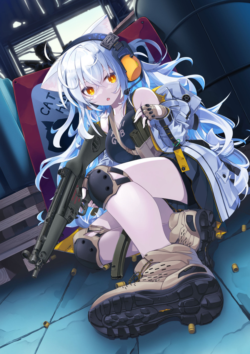 1girl blue_hair blue_shirt breasts brown_gloves cat_girl drum_(container) fingerless_gloves gloves gun h&amp;k_mp5 highres jacket looking_at_viewer nanaroku_(fortress76) orange_eyes original shell_casing shirt solo submachine_gun weapon white_jacket