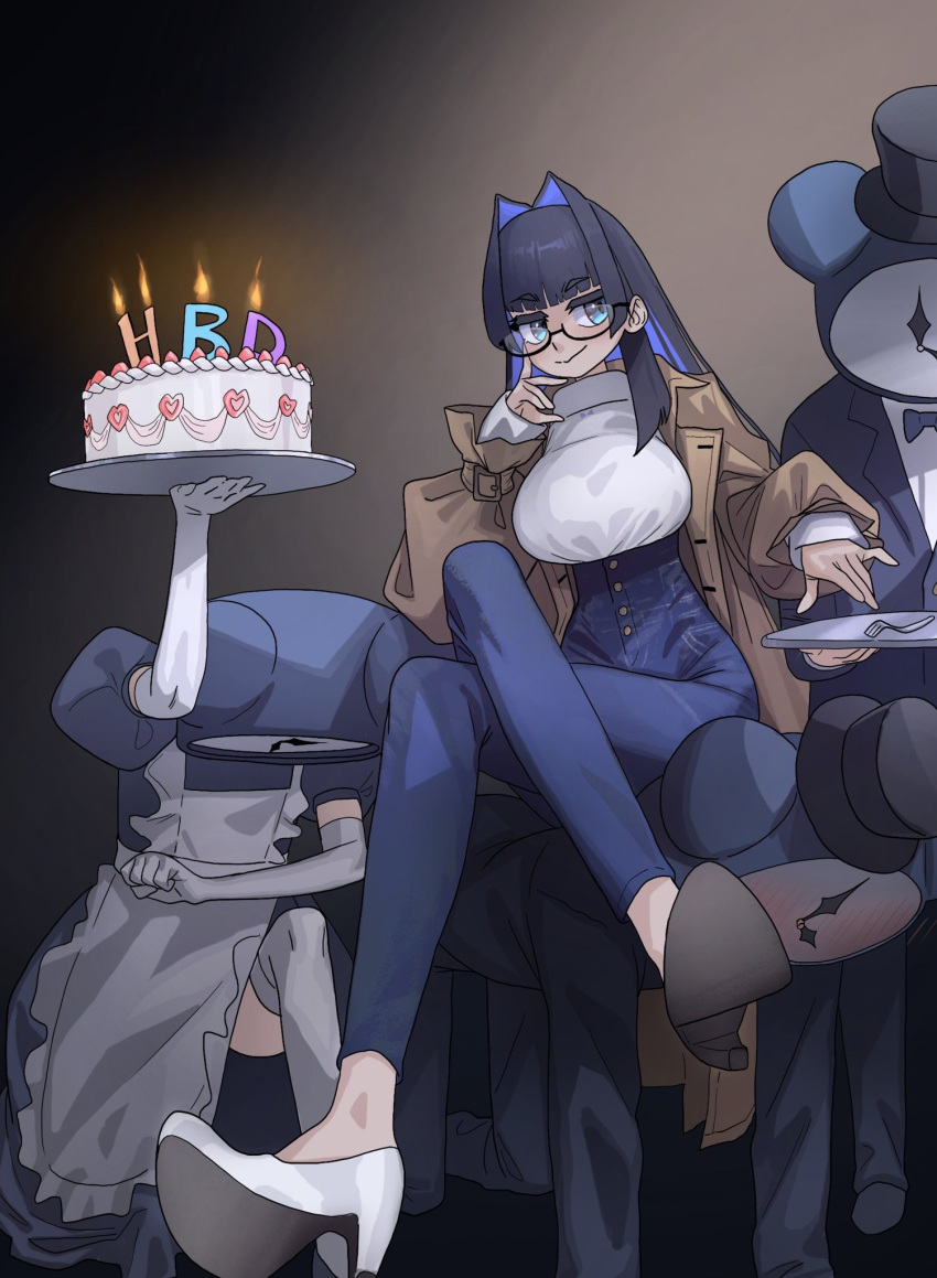 birthday birthday_cake blue_eyes blue_hair butler cake food hair_intakes happy_birthday high_heels highres hololive hololive_english human_chair human_furniture kronie_(ouro_kronii) long_sleeves maid multiple_girls ouro_kronii pants sitting sitting_on_person trench_coat turtleneck virtual_youtuber zedd_(zedgawr)