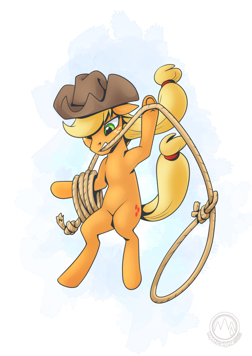 2023 absurd_res accessory applejack_(mlp) bipedal_feral blonde_hair blonde_mane clothing cowboy_hat cutie_mark digital_media_(artwork) earth_pony equid equine female feral freckles friendship_is_magic fur furgonomics green_eyes hair hair_accessory hair_tie hasbro hat headgear headwear hi_res horse lasso looking_at_viewer mammal mane mouth_hold my_little_pony mysticalpha orange_body orange_fur pony rope solo tail tail_accessory teeth yellow_tail