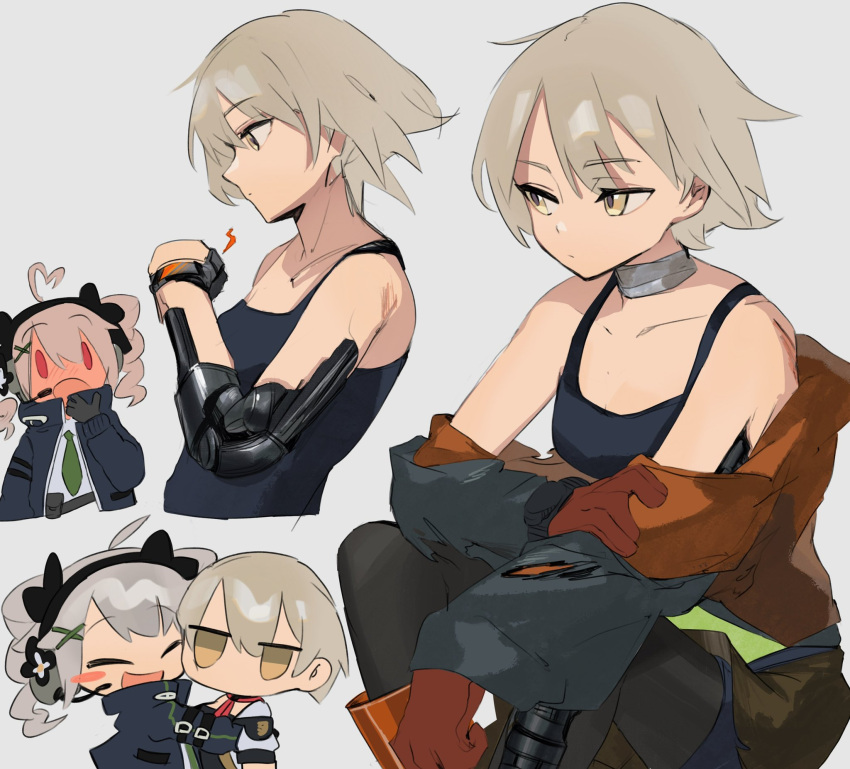2girls ahoge bandaged_neck bandages bare_shoulders black_tank_top blush blush_stickers cheek-to-cheek chesed_(uporyz) chibi commentary_request drill_hair full-face_blush girls'_frontline gloves grey_hair heads_together headset heart heart_ahoge highres hug jacket jitome light_brown_hair mechanical_arms multiple_girls multiple_views necktie off_shoulder official_alternate_costume open_mouth pp-90_(girls'_frontline) red_eyes red_gloves short_hair single_mechanical_arm smile tank_top tom_clancy's_the_division twin_drills upper_body vector_(girls'_frontline) vector_(hellfire)_(girls'_frontline) yellow_eyes