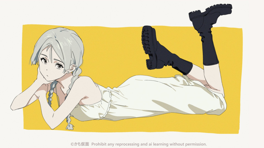 1girl black_footwear boots braid breasts commentary dress ear_piercing earrings feet_up full_body grey_eyes grey_hair highres jewelry kamo_kamen low_twin_braids lying m_(kamo_kamen) on_stomach original piercing small_breasts solo the_pose twin_braids white_dress