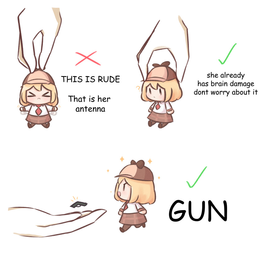 &gt;_&lt; 1girl ? absurdres blonde_hair bob_cut brown_footwear brown_headwear brown_skirt checkmark deerstalker detective disembodied_limb go_do_a_crime_(meme) gun hat highres hololive hololive_english how_to_hold_x_(meme) lifting_person long_sleeves meme minigirl moon_ldl necktie open_mouth plaid plaid_skirt red_necktie shirt short_hair skirt smile smol_ame virtual_youtuber watson_amelia weapon white_shirt x