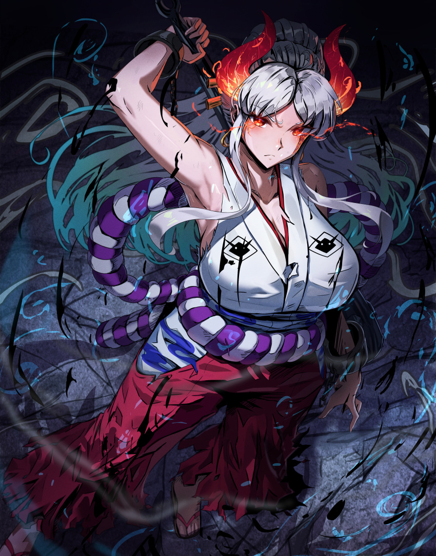 1girl absurdres arm_up armpits breasts club_(weapon) collarbone cuffs flaming_eye geta gradient_hair green_hair grey_hair hair_ornament hair_stick hakama hakama_pants highres holding holding_weapon horns japanese_clothes kanabou kimono knightfang large_breasts long_hair multicolored_hair multicolored_horns one_piece oni pants pink_pants red_eyes red_horns rope shackles shimenawa sleeveless sleeveless_kimono solo torn_clothes torn_pants weapon yamato_(one_piece)