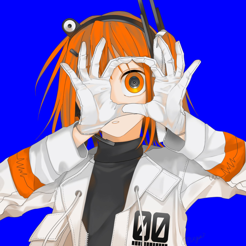 1girl a.i._voice adachi_rei android blue_background commentary_request gloves hair_ornament hair_ribbon hairclip hand_over_eye hands_up headlamp headset highres ibispaint_(medium) jacket lens_eye long_sleeves looking_at_viewer looking_through_fingers microphone one_eye_covered one_side_up onegai_(o_o0o_oo0_oo) open_clothes open_jacket orange_eyes own_hands_together parted_lips radio_antenna ribbon short_hair signature simple_background solo straight-on turtleneck upper_body utau white_gloves white_jacket white_ribbon wide-eyed