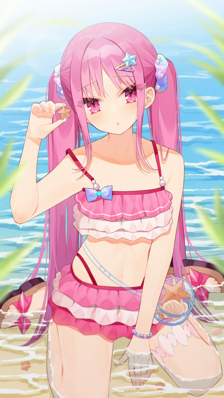 1girl :o absurdres bare_arms bare_shoulders between_legs bikini brown_footwear collarbone commentary_request hair_ornament hair_scrunchie hairclip hand_between_legs hand_up heaven_burns_red highres holding kunimi_tama looking_at_viewer minasenagi navel official_art parted_bangs parted_lips pink_bikini pink_eyes pink_hair sandals scrunchie shallow_water sitting solo star_(symbol) star_hair_ornament strap_slip swimsuit twintails wariza water