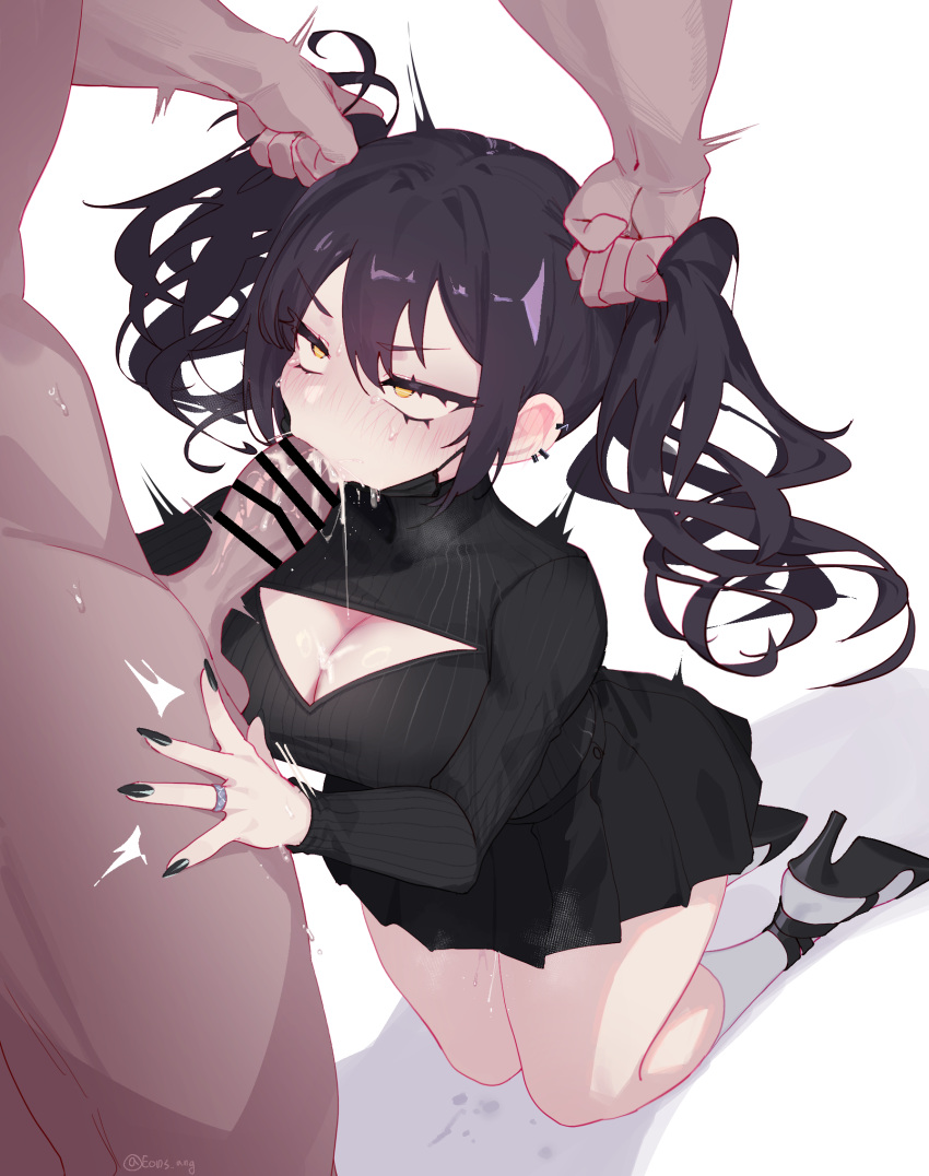1boy 1girl bar_censor black_footwear black_hair black_nails black_shirt black_skirt blush breasts censored cleavage cleavage_cutout clothed_female_nude_male clothing_cutout cum cum_in_mouth cum_overflow earclip ejaculation eonsang fellatio full_body girls'_frontline grabbing_another's_hair hair_between_eyes hand_on_another's_thigh high_heels highres jewelry kneeling large_breasts legs_together long_hair long_sleeves looking_at_another miniskirt motion_lines muscular muscular_male nail_polish nude oral out_of_frame pleated_skirt ring saliva sangvis_ferri scarecrow_(girls'_frontline) shadow shirt sidelocks signature simple_background skirt socks solo_focus sweat thick_thighs thighs twintails v-shaped_eyebrows white_background white_socks yellow_eyes