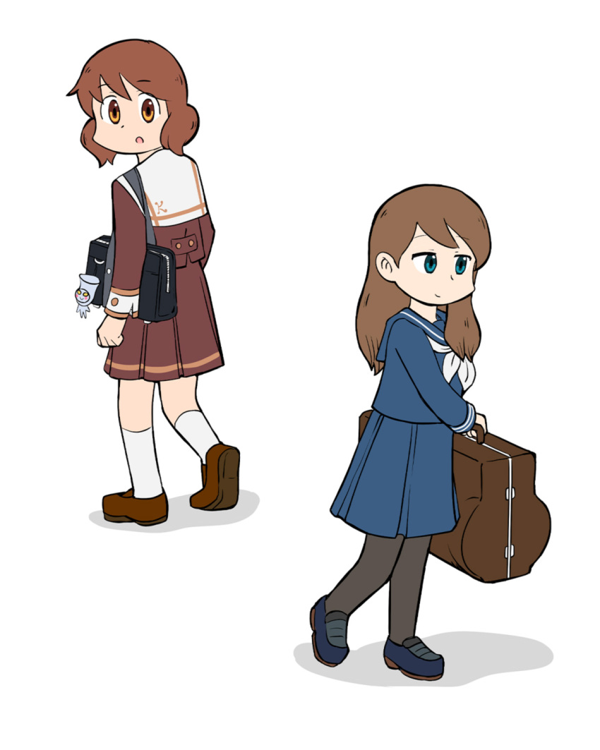 2girls alone_comic bag black_pantyhose blue_footwear blue_shirt blue_skirt brown_eyes brown_footwear brown_hair brown_jacket brown_skirt green_eyes hibike!_euphonium highres holding holding_bag holding_case instrument_case jacket kitauji_high_school_uniform kuroe_mayu loafers looking_at_another medium_hair multiple_girls neckerchief open_mouth oumae_kumiko pantyhose sailor_collar school_uniform shadow shirt shoes short_hair shoulder_bag simple_background skirt walking white_background white_neckerchief white_sailor_collar