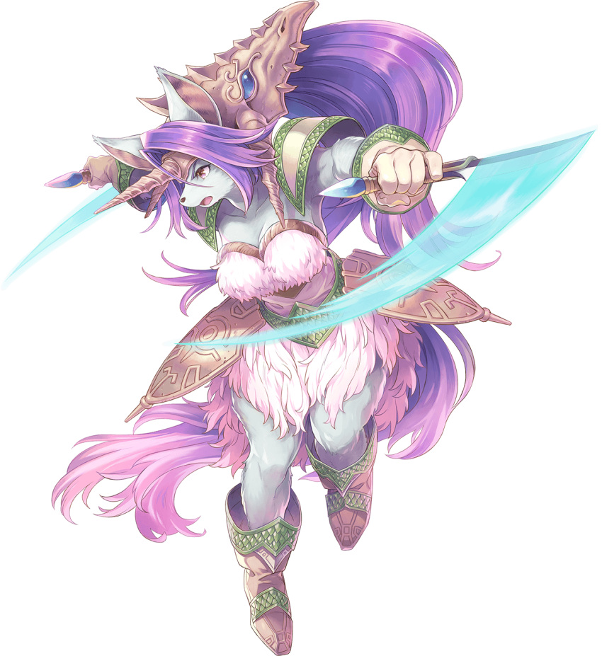 1girl boots breasts cleavage dual_wielding fake_horns full_body furry furry_female gloves haccan highres holding holding_knife horns knife large_breasts legend_of_mana long_hair non-web_source official_art open_mouth outstretched_arms purple_hair seiken_densetsu sierra single_horn solo spread_arms tail transparent_background very_long_hair weapon