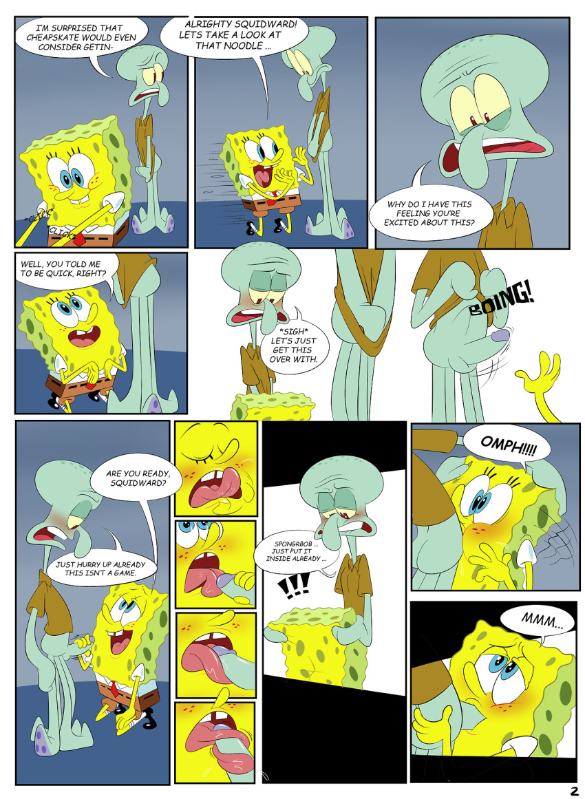 anthro balls blush cephalopod clothed clothing coleoid comic duo fellatio genitals hi_res licking male male/male marine mollusk nickelodeon octopodiform octopus on_model oral penile penis penis_lick sea_sponge sex speech_bubble spongebob_squarepants spongebob_squarepants_(character) squidward_tentacles tongue tongue_out toony yece