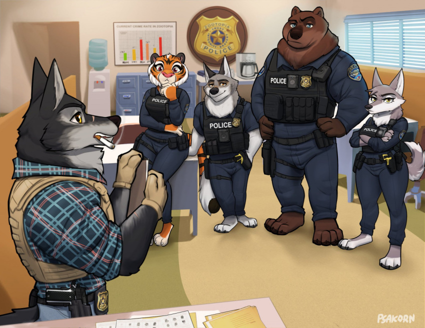 anthro axel_wolfram badge bear briefing brown_bear bulletproof_vest canid canine canis cigarette clothing detective disney electroshock_weapon felid female flannel_shirt grizzlygus group holstered_pistol male mammal mila_moone_(grizzlygus) officer_fangmeyer officer_wolfard oslo_strongpaw pantherine police police_officer police_station police_uniform psakorn_tnoi smoking tactical_gear taser tiger uniform ursine weapon wolf zootopia zpd