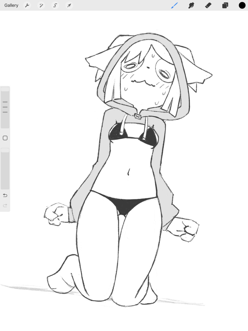 absurd_res anthro bikini blush blush_lines bodily_fluids breasts butt_from_the_front clothed clothing crazy_eyes curvy_figure embarrassed female fist hi_res hoodie hourglass_figure kneeling navel rolo_stuff skimpy small_breasts solo sweat swimwear topwear unknown_species