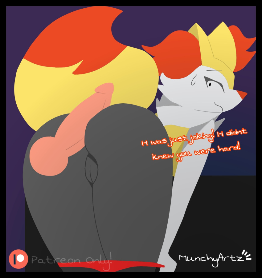 anthro big_penis black_body black_fur braixen canid canine clothing female fox fur generation_6_pokemon genitals hi_res male male/female mammal munchyartz nintendo penis pokemon pokemon_(species) red_body red_fur rubbing_penis sex solo surprise undressing white_body white_fur wide_hips yellow_body yellow_fur