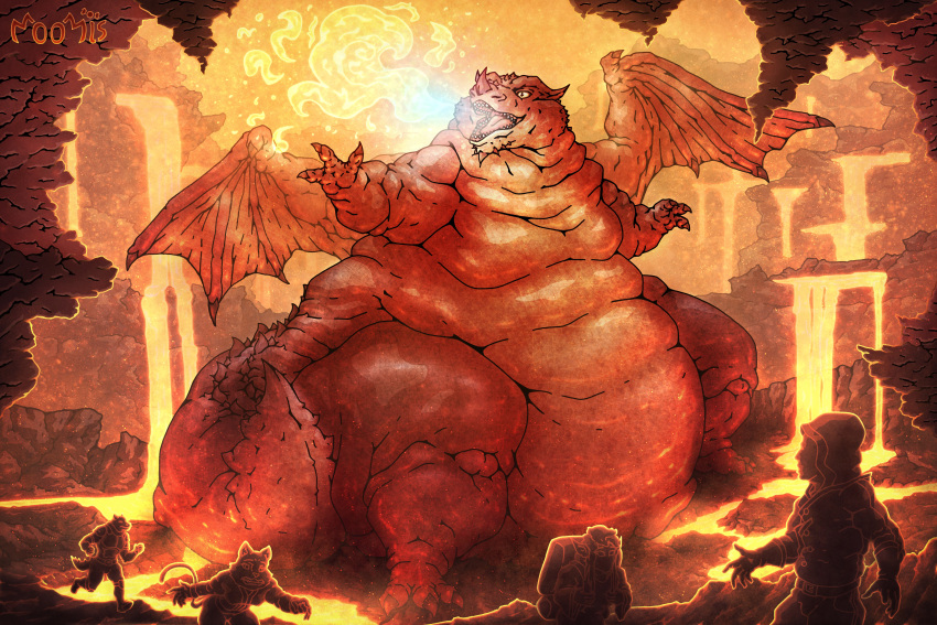 absurd_res cave detailed detailed_background dragon dungeons_and_dragons female hasbro hi_res lava macro male massive massive_thighs moomis obese overweight size_difference themberchaud wizards_of_the_coast