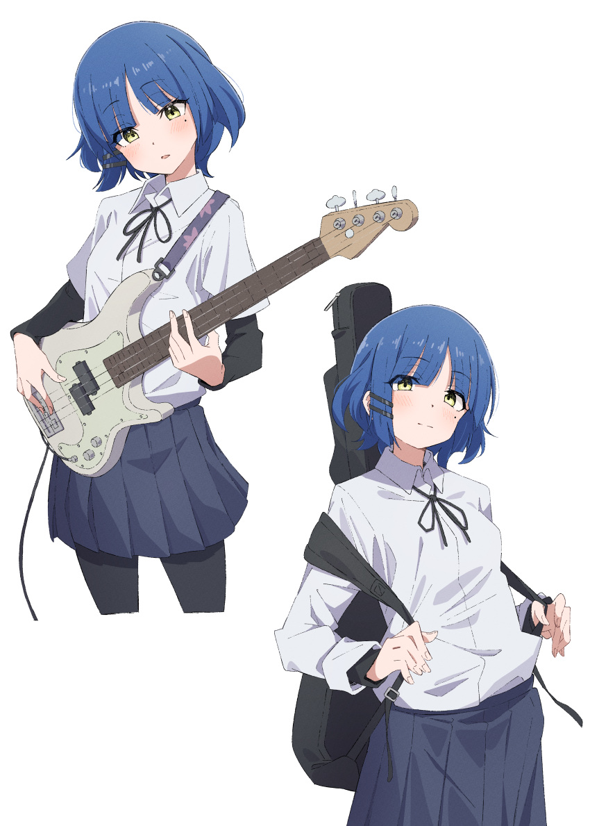 1girl absurdres bass_guitar black_pantyhose black_ribbon black_shirt blue_hair blue_skirt bocchi_the_rock! cable closed_mouth collared_shirt cropped_legs eito12 eyes_visible_through_hair guitar_case hair_ornament hairclip highres holding_strap instrument instrument_case long_sleeves looking_at_viewer mole mole_under_eye multiple_views neck_ribbon open_mouth pantyhose pleated_skirt ribbon school_uniform shimokitazawa_high_school_uniform shirt short_hair short_sleeves simple_background skirt split_mouth undershirt white_background white_shirt yamada_ryou yellow_eyes