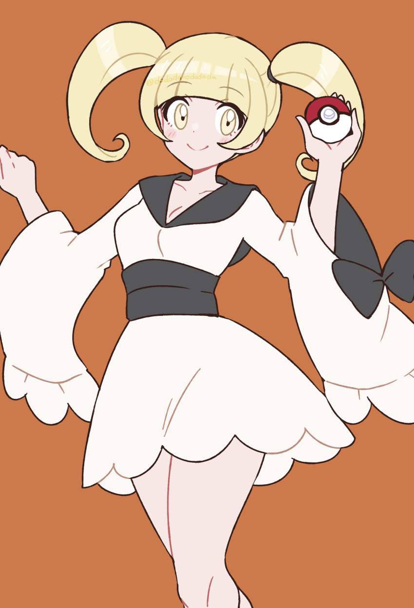 1girl blonde_hair blunt_bangs blush breasts brown_background closed_mouth commentary_request dadadanoda eyelashes furisode furisode_girl_katherine hands_up highres holding holding_poke_ball japanese_clothes kimono looking_at_viewer poke_ball poke_ball_(basic) pokemon pokemon_(game) pokemon_xy sash smile solo twintails w_arms white_kimono wide_sleeves yellow_eyes