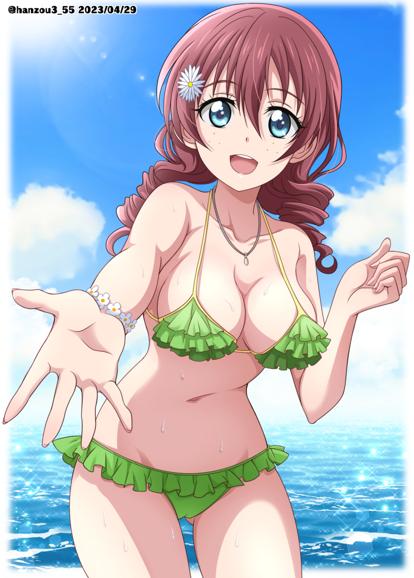 1girl bikini blue_eyes blue_sky breasts brown_hair cleavage cloud collarbone commentary drill_hair emma_verde freckles frilled_bikini frills green_bikini hanzou highres horizon jewelry large_breasts leaning_forward long_hair love_live! love_live!_nijigasaki_high_school_idol_club low_twintails medium_hair necklace ocean open_mouth round_teeth sky smile solo standing swimsuit teeth twintails twitter_username upper_teeth_only