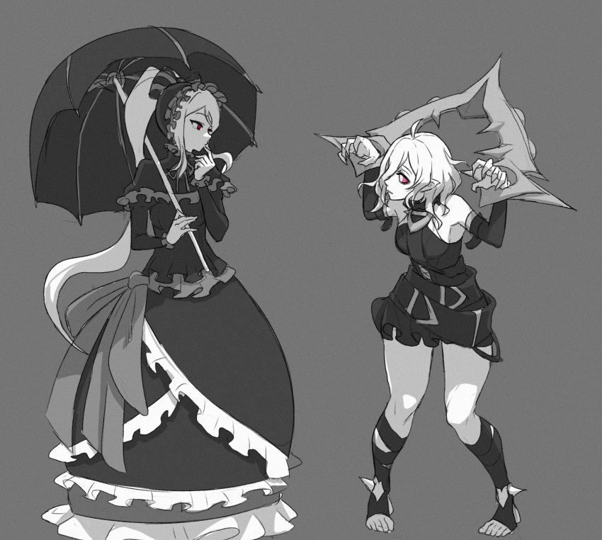 2girls ahoge belt black_belt breasts briar_(league_of_legends) closed_mouth colored_sclera crossover detached_sleeves dress fangs finger_to_mouth frilled_dress frills full_body gothic_lolita grey_background greyscale hair_between_eyes highres holding holding_umbrella kingpaka315 league_of_legends lolita_fashion long_dress long_hair long_sleeves looking_at_another medium_breasts monochrome multiple_girls no_pupils no_shoes overlord_(maruyama) pointy_ears ponytail red_eyes red_sclera shalltear_bloodfallen sidelocks simple_background standing stirrup_legwear toeless_legwear toes umbrella vampire white_eyes wrist_cuffs