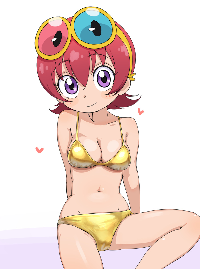 1girl beyon_(beyon1710) bikini blush breasts coke-bottle_glasses collarbone eyewear_on_head feylin glasses heart highres looking_at_viewer purple_eyes red_hair shiny_swimsuit sitting smile solo swimsuit tanken_driland yellow_bikini