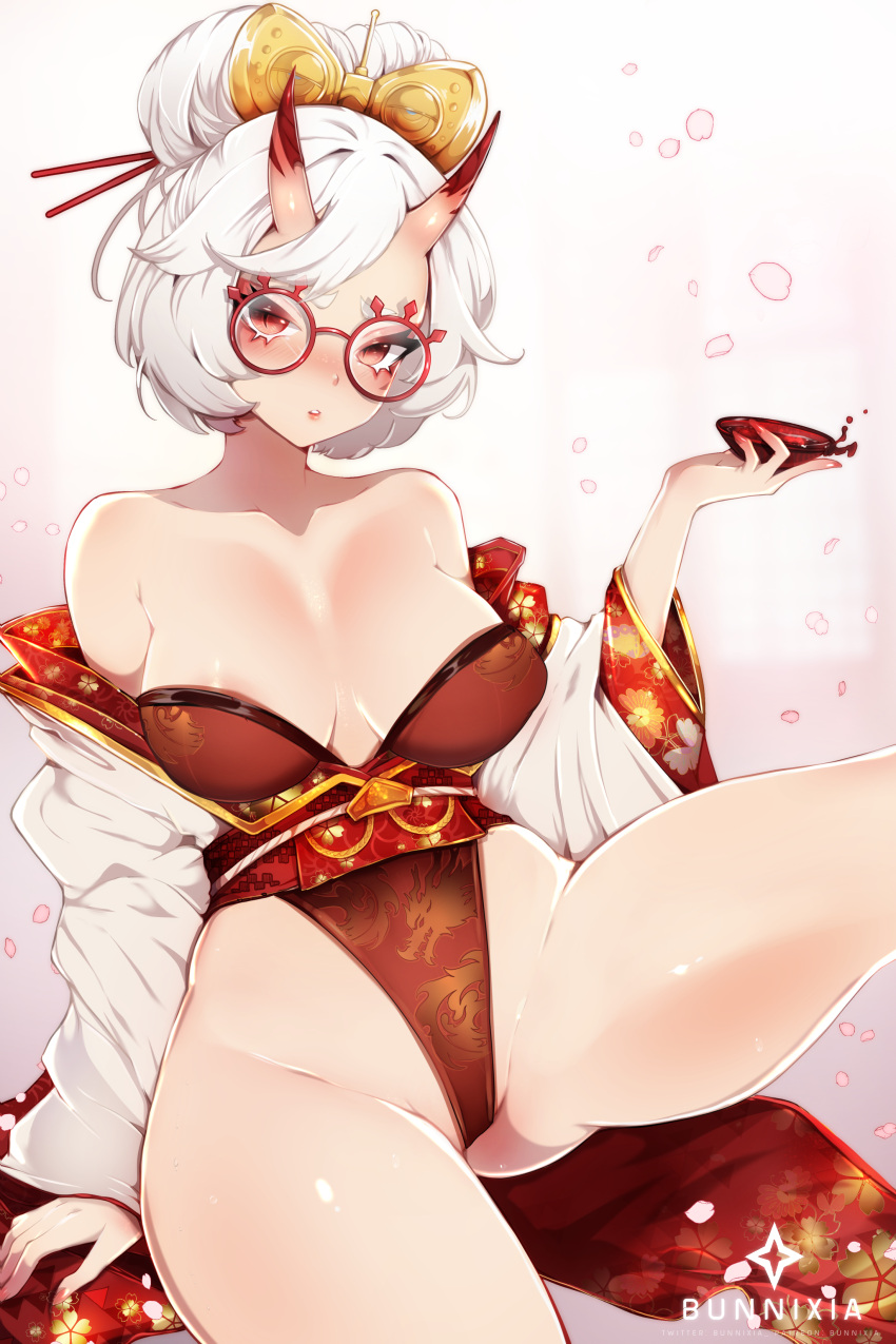 1girl absurdres areola_slip artist_name bare_shoulders blush breasts cleavage collarbone cup fingernails food glass groin hair_bun hair_ornament hairpin highres holding holding_cup horns japanese_clothes lips medium_breasts nail_polish off_shoulder oni oni_horns onigiri open_mouth parted_lips purah red-framed_eyewear ririsaurus sakazuki shiny_skin skin-covered_horns solo the_legend_of_zelda thick_thighs thighs white_hair wide_hips