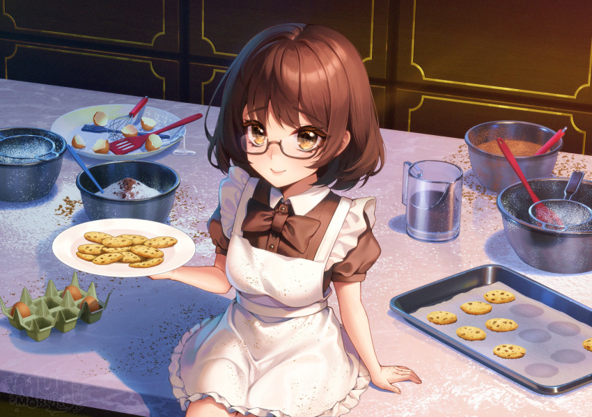 1girl apron arm_support blush breasts brown-framed_eyewear brown_eyes brown_hair closed_mouth commission cookie egg food glasses highres holding holding_plate looking_at_viewer medium_breasts mixing_bowl murmoruno original plate semi-rimless_eyewear short_hair short_sleeves sitting smile solo spatula under-rim_eyewear whisk white_apron