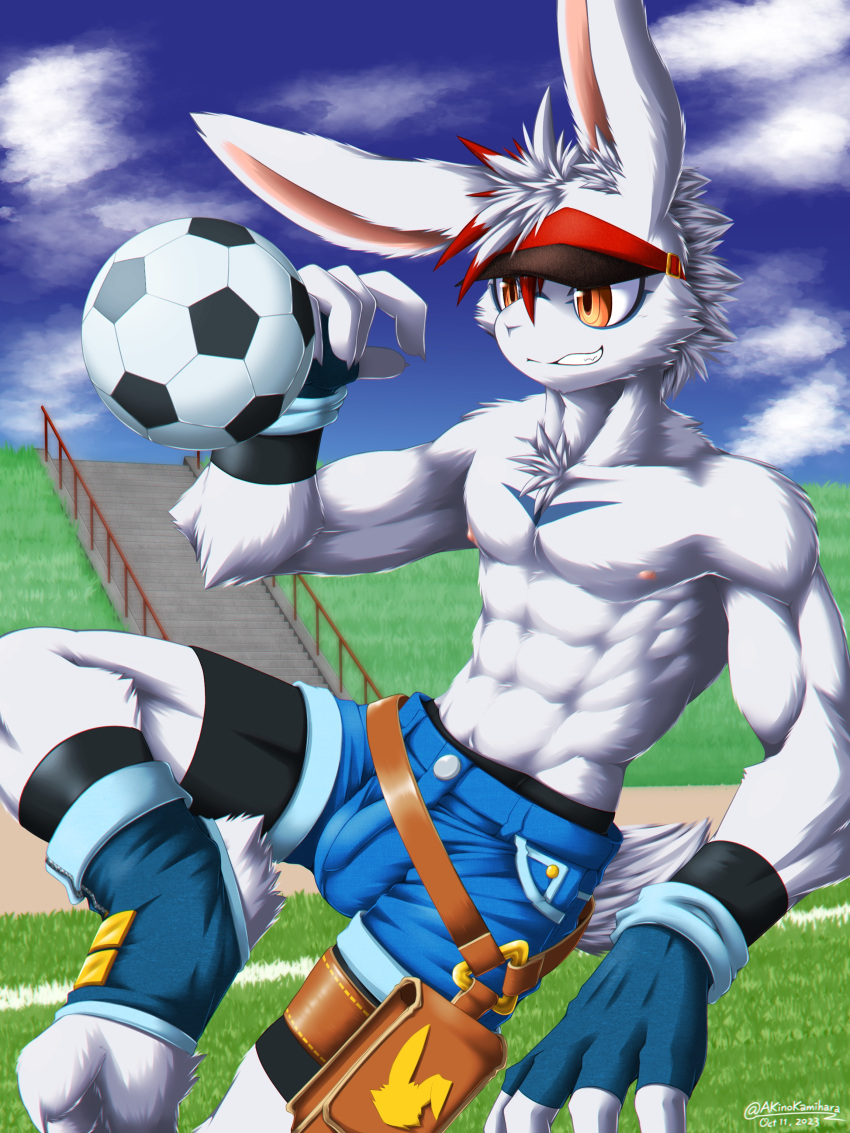 abs absurd_res akino-kamihara anthro athletic athletic_male ball bulge clothing fingerless_gloves gloves grass handwear hat headgear headwear hi_res lagomorph leporid male mammal nipples outside plant rabbit shirtless signature sky soccer_ball solo stairs teenager tomoshibi_shirohane_(akino-kamihara) trainer visor_cap waist_bag watermark young