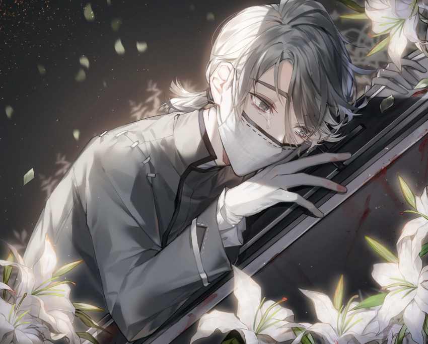 1boy aesop_carl airm blood blood_on_hands coffin crying crying_with_eyes_open falling_petals flower gloves grey_background grey_eyes grey_hair grey_jacket highres identity_v jacket leaning_on_object light_particles lily_(flower) long_sleeves looking_at_object low_ponytail male_focus mask medium_hair mouth_mask petals shirt solo stitches surgical_mask swept_bangs tears upper_body white_flower white_gloves white_lily white_shirt