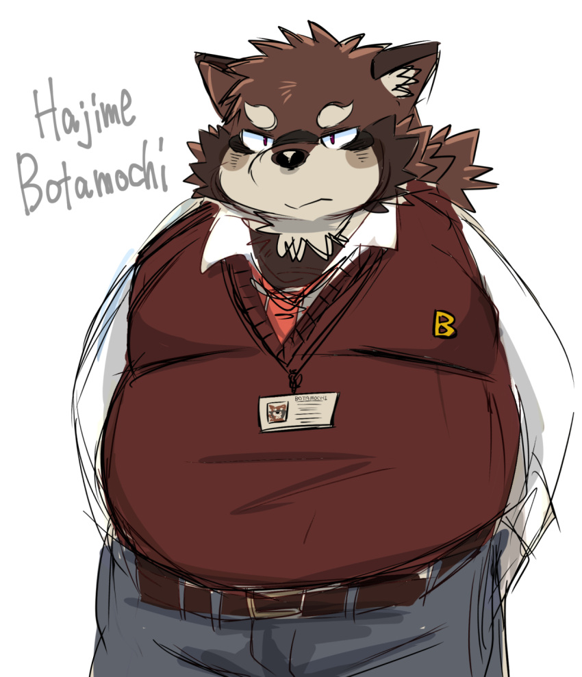 2023 anthro belly big_belly bottomwear brown_body brown_fur canid canine clothing fur hi_res kemono male mammal necktie overweight overweight_male pants raccoon_dog shirt simple_background solo tanuki text topwear tsurugi white_background