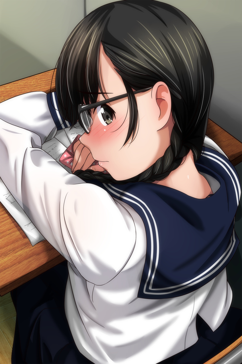 1girl absurdres black_hair black_skirt blue_sailor_collar blush book braid brown_eyes chair closed_mouth desk glasses hair_over_shoulder highres indoors long_hair long_sleeves looking_at_viewer looking_back matsunaga_kouyou original pleated_skirt sailor_collar school_chair school_desk school_uniform serafuku shirt sitting skirt solo white_shirt