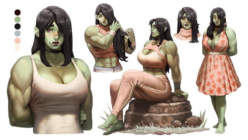 5_fingers 5_toes abs athletic athletic_female barefoot biceps black_hair blush breasts cleavage clothed clothing dress eyebrows fangs feet female fingers grass green_body green_skin hair hi_res humanoid humanoid_pointy_ears long_hair looking_away mavka muscular muscular_female orc plant rayluaza red_eyes rock shy simple_background sitting standing teeth toes topwear touching_hair training_bra training_pants white_background