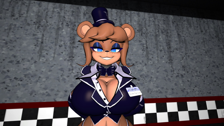 16:9 big_breasts breasts cally3d clothing costume five_nights_at_freddy's freddy_(fnaf) fredina_(cally3d) hi_res scottgames smile widescreen