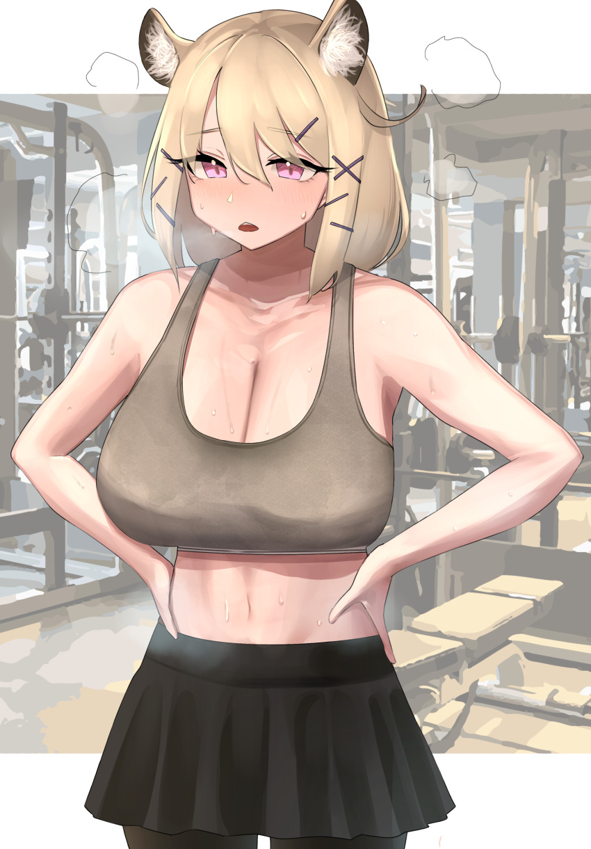 1girl 360_(taiyo360) absurdres animal_ear_fluff arknights bare_shoulders black_pantyhose black_skirt blonde_hair blush breasts brown_sports_bra cleavage collarbone cowboy_shot gym hair_ornament hairclip hands_on_own_hips highres indoors large_breasts long_hair miniskirt navel open_mouth pantyhose purple_eyes skirt solo sports_bra utage_(arknights)