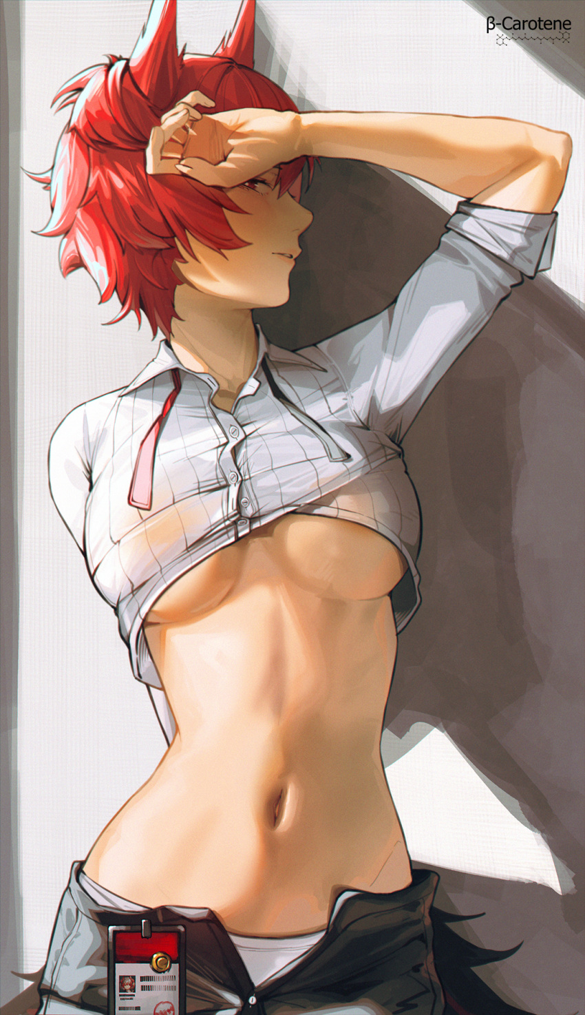 1girl arknights arm_up breasts commentary fiammetta_(arknights) highres id_card large_breasts lufi_ays midriff navel open_fly panties pointy_hair red_eyes red_hair shirt short_hair solo stomach underboob underwear upper_body white_panties white_shirt