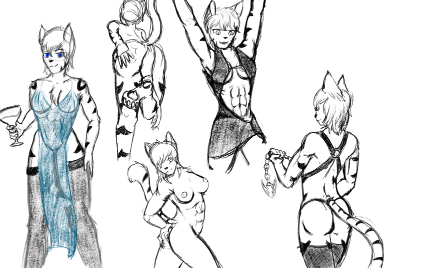 abs absurd_res anthro athletic athletic_anthro athletic_female axolotl_team bdsm bdsm_outfit black_clothing blue_clothing blue_eyes bobcat bondage bound breasts butt chain clothing costume felid feline female fur hi_res hybrid legwear lynx mammal muscular muscular_anthro muscular_female nipples paws pose shira_elinit signature sketch solo stockings stripes white_body white_fur