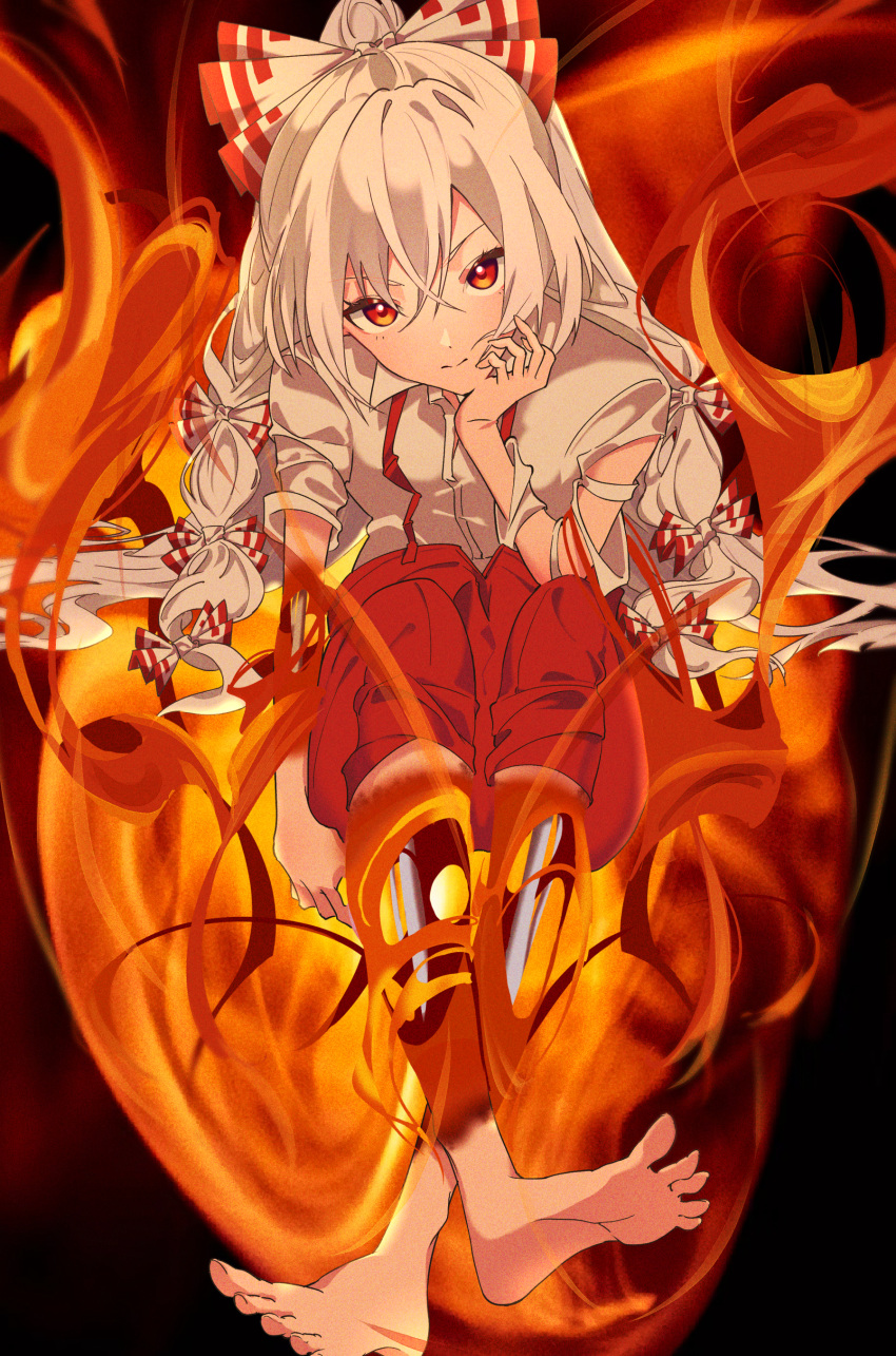 1girl absurdres barefoot bone burning crossed_ankles error fire fujiwara_no_mokou full_body grey_hair hair_between_eyes hand_on_own_cheek hand_on_own_face hand_up highres long_hair looking_at_viewer mizoreshi pants red_eyes red_pants shirt solo suspenders toes torn_clothes touhou tsurime very_long_hair white_shirt wrong_feet