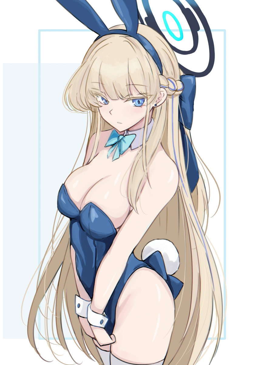 1girl absurdres animal_ears bare_shoulders blonde_hair blue_archive blue_bow blue_bowtie blue_eyes blue_leotard blush bow bowtie braid breasts cleavage colored_eyelashes commentary cowboy_shot detached_collar fake_animal_ears french_braid halo highleg highleg_leotard highres ken_(shutenndouji1) large_breasts leotard long_hair looking_at_another looking_at_viewer official_alternate_costume parted_lips playboy_bunny rabbit_ears rabbit_tail simple_background solo strapless strapless_leotard tail toki_(blue_archive) toki_(bunny)_(blue_archive) very_long_hair white_background wrist_cuffs