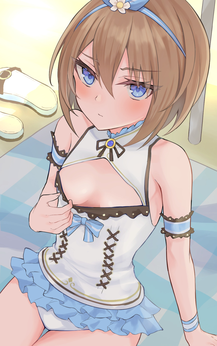 1girl adapted_costume alternate_costume annoyed arm_support bare_shoulders blanc_(neptune_series) blue_eyes blush breasts brown_hair buttons clothes_pull double-breasted flower frown hair_between_eyes hair_flower hair_ornament hairband hand_up highres looking_at_viewer medium_hair neptune_(series) on_ground one-piece_swimsuit one-piece_swimsuit_pull ray_726 sitting small_breasts solo swimsuit thigh_gap white_flower white_one-piece_swimsuit