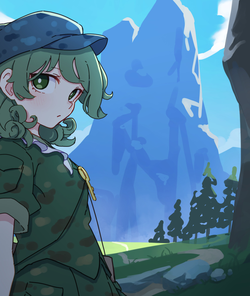 1girl absurdres camouflage camouflage_headwear camouflage_shirt camouflage_skirt closed_mouth flat_cap green_eyes green_hair green_headwear hat highres kame_(kamepan44231) key mountain shirt short_hair short_sleeves skirt solo touhou tree yamashiro_takane