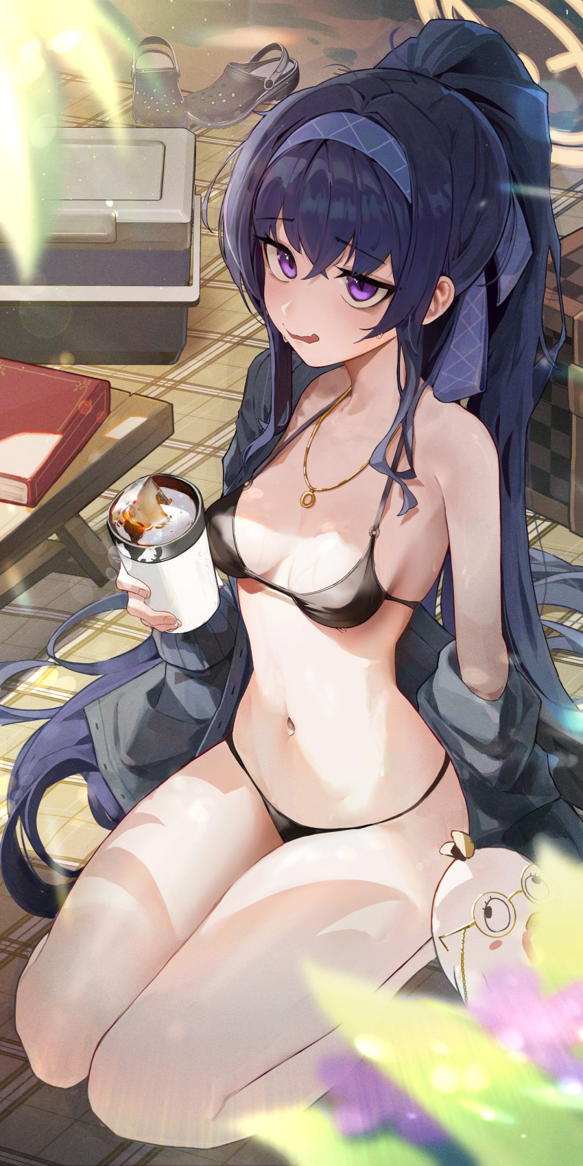 1girl absurdres bags_under_eyes bare_legs beach_towel bikini black_bikini blue_archive blue_hair blue_hairband blue_ribbon breasts breasts_apart bubble99 cardigan commentary cooler crocs cup grey_cardigan hair_ribbon hairband halo high_ponytail highres holding holding_cup jitome long_hair mug navel o-ring o-ring_bikini o-ring_top off_shoulder official_alternate_costume open_cardigan open_clothes open_mouth outdoors peroro_(blue_archive) purple_eyes ribbon seiza shoes shoes_removed sidelocks sitting small_breasts smile solo stomach swimsuit thighs towel ui_(blue_archive) ui_(swimsuit)_(blue_archive) very_long_hair