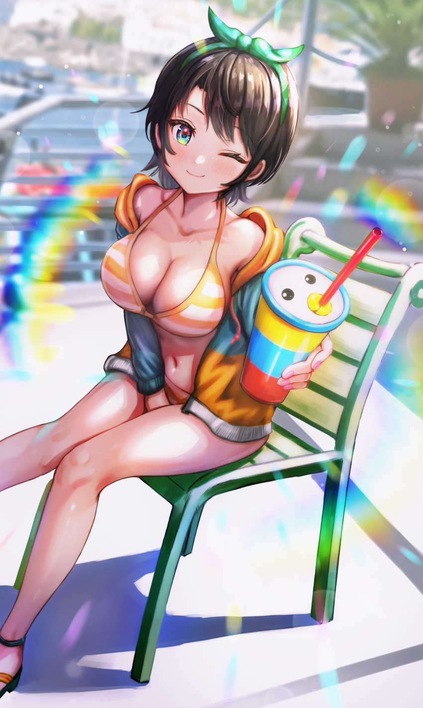 1girl absurdres arm_between_legs bare_legs bikini black_hair blurry blurry_background bow breasts chair cleavage collarbone commentary_request cup drinking_straw green_eyes hair_bow highres holding holding_cup hololive jacket lens_flare looking_at_viewer marina medium_breasts nail_polish one_eye_closed oozora_subaru orange_bikini orange_jacket outdoors railing sitting smile solo striped striped_bikini swimsuit thighs virtual_youtuber wajuniorbox