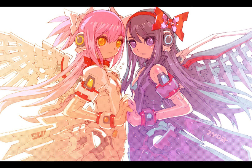 2girls adapted_costume akemi_homura akuma_homura black_hair breasts commentary_request elbow_gloves flat_chest gloves holding_hands interlocked_fingers juliet_sleeves kaname_madoka letterboxed long_hair long_sleeves looking_at_viewer mahou_shoujo_madoka_magica mahou_shoujo_madoka_magica:_hangyaku_no_monogatari mechanical_wings mechanization multiple_girls nakayama_tooru pink_hair puffy_sleeves purple_eyes ribbon small_breasts two_side_up ultimate_madoka very_long_hair wings yellow_eyes