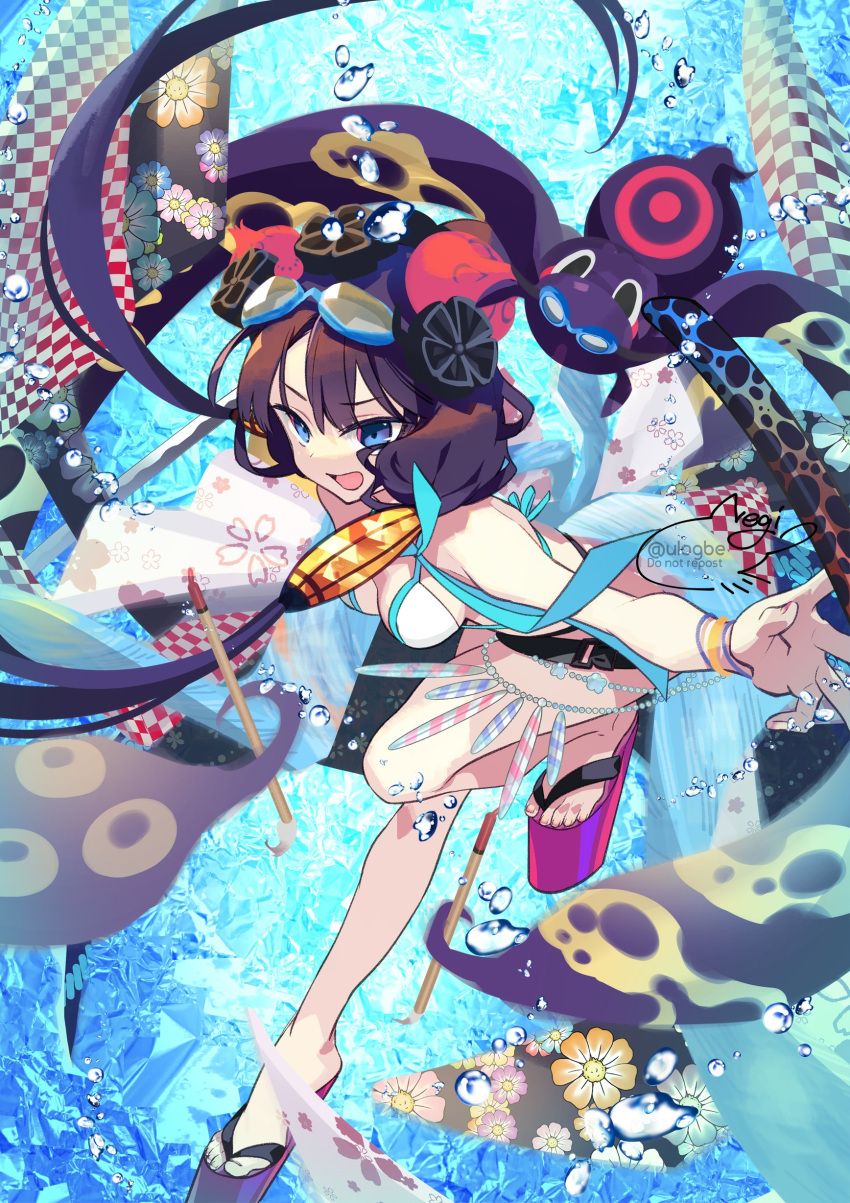 1girl absurdres bare_shoulders beads belt bikini blue_eyes bracelet breasts cleavage fate/grand_order fate_(series) floral_print goggles goggles_on_head hair_bun hair_ornament highres jewelry katana katsushika_hokusai_(fate) katsushika_hokusai_(swimsuit_saber)_(fate) long_hair looking_at_viewer medium_breasts navel negi_(ulog'be) obi octopus open_mouth purple_hair sash sidelocks smile swimsuit sword thigh_strap thighs tokitarou_(fate) weapon white_bikini