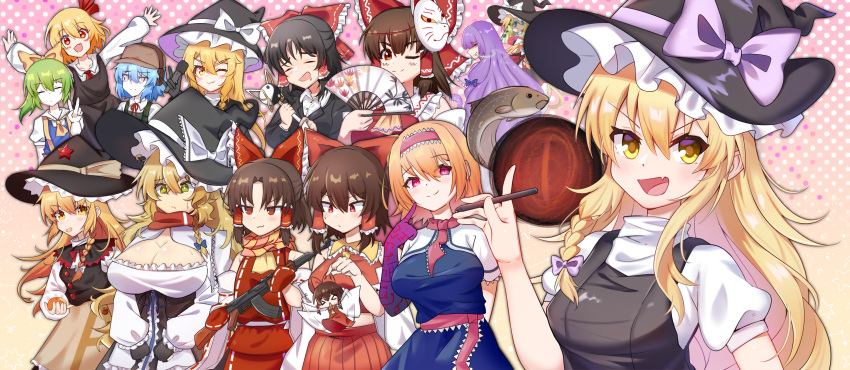 &gt;_&lt; 1boy 6+girls \m/ absurdres ak-47 alice_margatroid ascot assault_rifle black_gloves black_headwear black_skirt black_vest blazer blonde_hair blue_bow blue_dress blue_hair blue_vest bois_de_justice bow braid breasts brown_hair brown_headwear buttons capelet chinese_commentary cigarette cirno cirno_(cookie) cleavage cleavage_cutout closed_mouth clothing_cutout collared_shirt commentary_request cookie_(touhou) cowboy_shot daiyousei detached_sleeves dies_irae diyusi_(cookie) dress fish flat_chest folding_fan food fox_mask frilled_bow frilled_hair_tubes frilled_hairband frilled_hat frilled_necktie frilled_sash frilled_shirt_collar frills frown fruit gloves green_eyes green_hair grin gun hair_bow hair_ribbon hair_tubes hairband hakama hakama_skirt hakurei_reimu hand_fan hat hat_bow hat_ornament hazuna_rio headset highres hinase_(cookie) holding holding_fan holding_gun holding_microphone holding_pen holding_wand holding_weapon inabahitomi jacket japanese_clothes kalashnikov_rifle kirisame_marisa large_breasts long_bangs long_hair looking_at_viewer mandarin_orange mars_(cookie) mask mask_on_head medium_bangs messy_hair microphone minigirl multiple_girls nadeko_(cookie) neck_ribbon necktie one_eye_closed open_mouth orange_(fruit) orange_scarf outstretched_arms parted_bangs patchouli_knowledge pen pink_background pink_bow pink_hairband pink_necktie pink_sash polka_dot polka_dot_background ponytail puffy_short_sleeves puffy_sleeves purple_hair red_ascot red_bow red_dress red_eyes red_hakama red_ribbon red_scarf red_shirt red_skirt red_star rei_(cookie) ribbon ribbon-trimmed_sleeves ribbon_trim rifle rumia sakenomi_(cookie) sananana_(cookie) sash scarf shinza_bansho_series shirt short_hair short_sleeves sidelocks single_braid skirt skirt_set sleeveless sleeveless_dress sleeveless_shirt small_breasts smile smoking spread_arms star_(symbol) star_hat_ornament striped striped_scarf sweatdrop taisa_(cookie) touhou triangle_mouth turtleneck upper_body uzuki_(cookie) v v-shaped_eyebrows vest wand weapon white_bow white_capelet white_eyes white_shirt white_sleeves wide_sleeves witch_hat yellow_ascot yellow_bow yellow_eyes yellow_scarf yin_yang