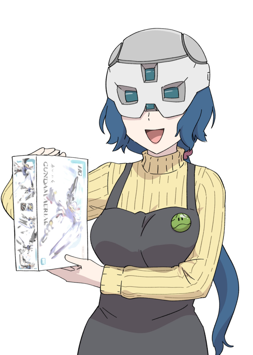 1girl apron badge blue_hair box eye_mask gundam gundam_build_fighters gundam_calibarn gundam_suisei_no_majo gunpla haro helmet highres iori_rinko long_hair mask model_kit parody ponytail prospera_mercury smile solo sweater turtleneck turtleneck_sweater ueyama_michirou