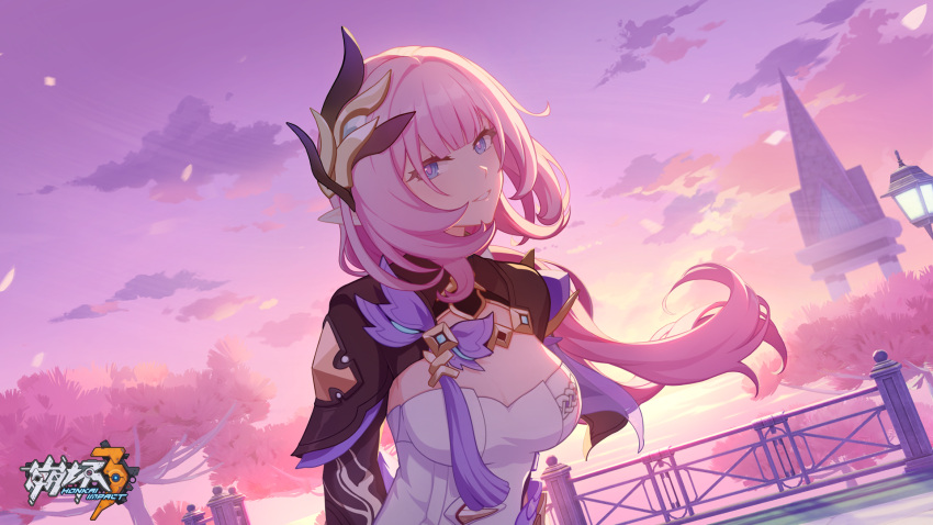 1girl arms_behind_back black_sleeves blue_eyes breasts cleavage cloud cloudy_sky elysia_(honkai_impact) elysia_(miss_pink_elf)_(honkai_impact) fence highres honkai_(series) honkai_impact_3rd lamppost large_breasts logo long_hair long_sleeves looking_at_viewer official_art official_wallpaper outdoors parted_lips pink_sky pointy_ears sky smile solo tree upper_body white_tree
