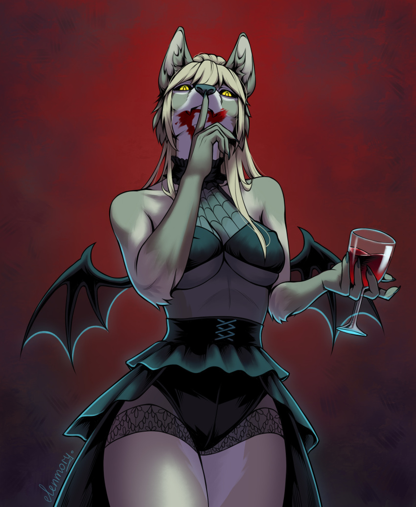 absurd_res anthro big_breasts blonde_hair blood bodily_fluids breasts canid canine canis clothing costume creepy dress elegant elenmory female fur goth hair halloween hi_res holidays lace mammal pinup pose scary skinny solo under_boob vampire wings wolf yellow_eyes
