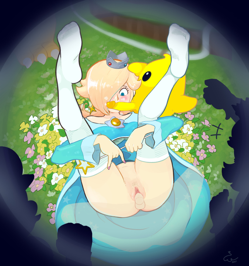 2023 blonde_hair blush bodily_fluids bottomless bottomless_female bowser butt clothed clothing crown digital_drawing_(artwork) digital_media_(artwork) dress eagle_position erection exhibitionism female female_penetrated flowerbed from_front_position genital_fluids genitals grass group group_sex hair headgear hi_res human humanoid_genitalia humanoid_penis interspecies legs_up legwear luma lying male male/female male_penetrating male_penetrating_female mammal mario mario_bros nintendo on_back outside outside_sex partially_clothed penetration penis plant precum princess_daisy pubes pussy rosalina_(mario) sex shocked_expression silhouette spread_legs spreading stitchword stockings super_mario_galaxy sweat threesome trio vaginal wand