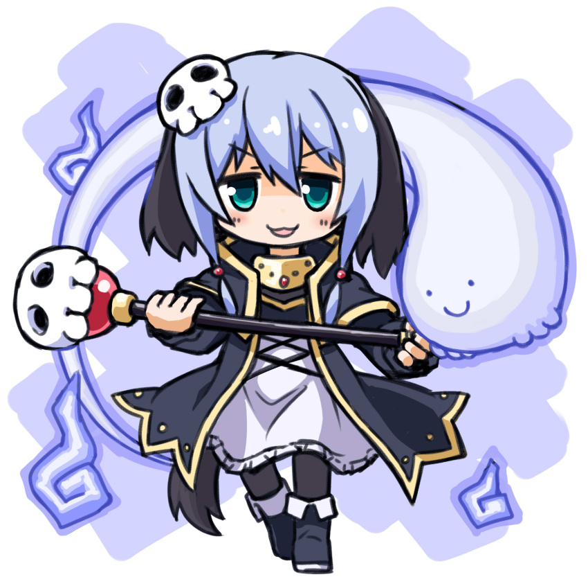 1girl :3 :d animal_ears aqua_eyes black_robe blue_hair c: chibi commentary fujimi_nemu full_body ghost hair_between_eyes hair_ornament highres hitodama holding holding_staff kugelschreiber long_sleeves looking_at_viewer necromancer onii-chan_wa_oshimai! open_mouth robe short_hair simple_background skull skull_hair_ornament smile solo staff tail white_background