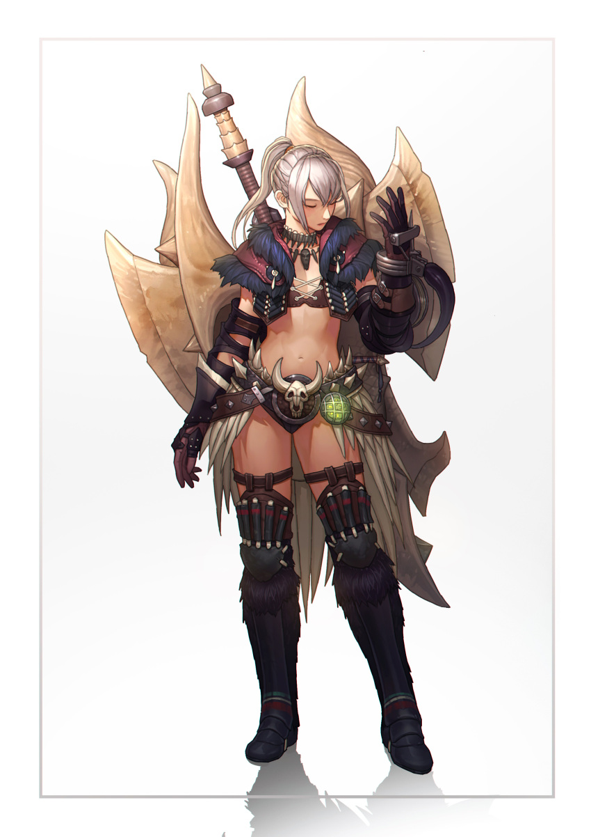 1girl absurdres armor belt black_footwear boots border breasts brown_gloves brown_shorts cleavage closed_eyes closed_mouth commentary english_commentary facing_down facing_to_the_side full_body fur-trimmed_boots fur_trim gloves grey_background grey_hair grey_skirt hair_between_eyes hand_up highres jewelry knee_boots medium_hair micro_shorts monster_hunter_(character) monster_hunter_(series) nasaca navel necklace original pauldrons poleyn ponytail shadow shorts shoulder_armor sidelocks skirt small_breasts solo spikes standing tooth_necklace weapon weapon_on_back white_border